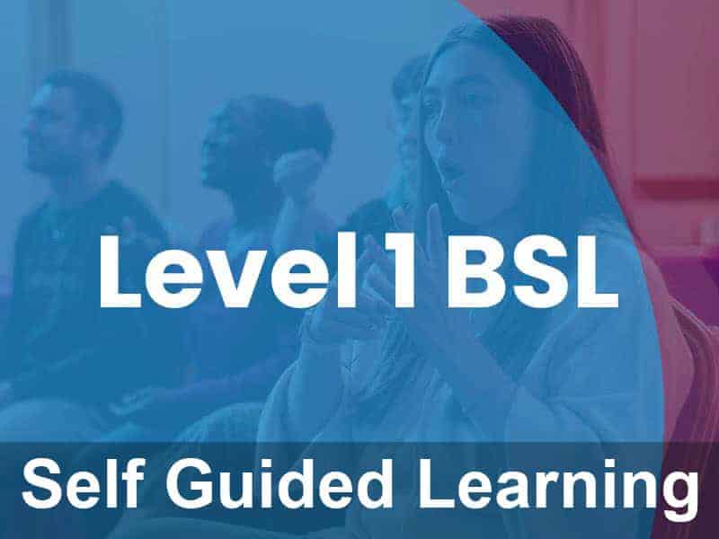 Four people sit in a classroom. Large text reads "Level 1 BSL" and "Self Guided Learning." One person in the foreground is using sign language.