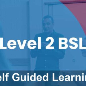 Level-2-BSL-1_selfguided.jpg A man stands and gestures with his hands in front of a group. Text reads "Level 2 BSL Self Guided Learning" over a blue and red overlay.