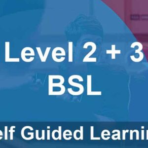 Level-3-BSL-23-1.jpg Text reads: "Level 2 + 3 BSL Self Guided Learning" over a blue-tinted background showing people in conversation.